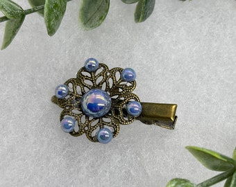 Blue iridescent vintage antique style flower hair alligator clip faux Pearl on a 2.0 Handmade hair accessory bridal wedding Retro Bridal