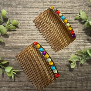 Rainbow crystal faux rhinestone 3.5” brown plastic side comb hair accessory bridal wedding Retro Bridal Party Prom Birthday gifts
