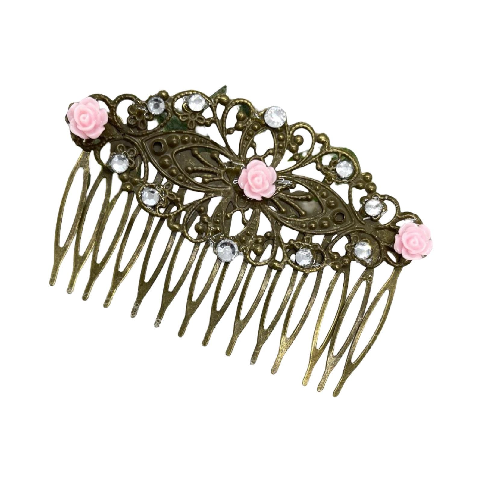 Victorian Style Pink Flower Crystal Hair Comb: Antique Tone  display picture 3