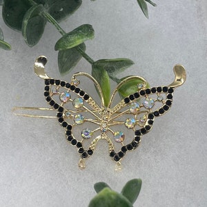 Black butterfly crystal Rhinestone hair clip approximately 3.0 ”gold tone  formal hair accessories gift wedding bridesmaid princess