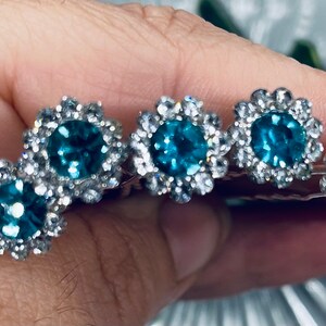 6 pc set teal flower Crystal rhinestone hair pin approximately .50”wide silver  formal hair accessories gift wedding bridesmaid princess