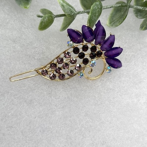 Purple peacock 3.0”Metal crystal rhinestone gold tone hair barrette formal hair accessory gift wedding bridal shower prom birthday gift ac