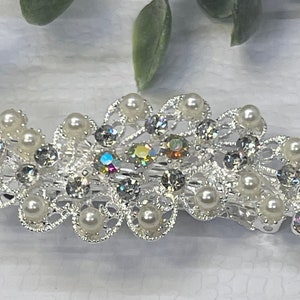 Pearl Rhinestone Flower Barrette: Silver Bridal Hair Clip