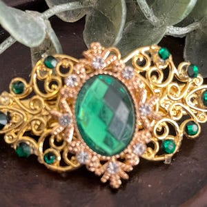 Emerald green Crystal gold tone style hair barrette clip approximately 2.5” long  Handmade hair accessory bridal wedding prom valentines