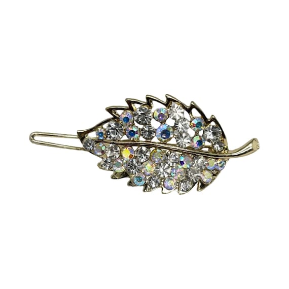 Iridescent Crystal Leaf Hair Barrette: Gold Tone Rhinestone  display picture 3