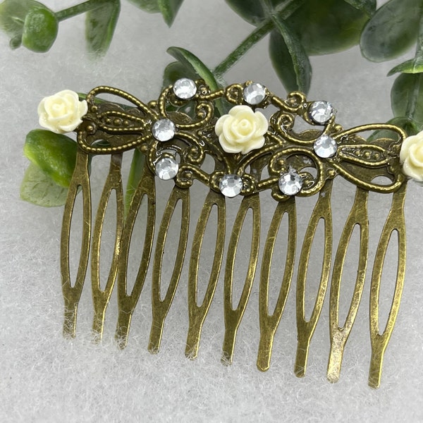 Light yellow victorian flower crystal Vintage Style  2.5 ”antique tone Metal side Comb bridal wedding shower gift accessories handmade