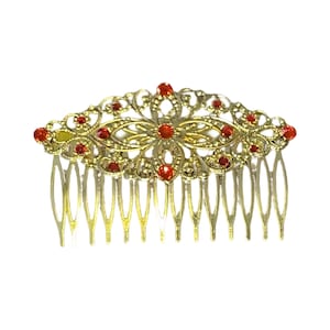 Ruby Red Crystal Hair Comb: Gold Metal Bridal Accessory