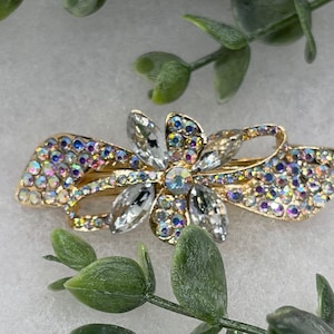 Iridescent flower Crystal rhinestone barrette approximately 2.5”gold tone  formal hair accessories gift wedding bridesmaid princess