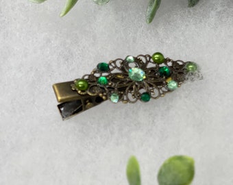 Green Camouflage crystal Pearl vintage antique style flower hair alligator clip faux Pearl on a 2.5” Handmade hair accessory bridal #137