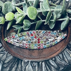 Rainbow Rhinestone Barrette: Silver Tone Crystal Hair Accessory
