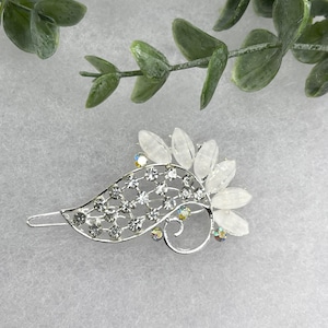 White peacock 3.0”Metal crystal rhinestone silver tone hair barrette formal hair accessory gift wedding bridal shower prom birthday gift