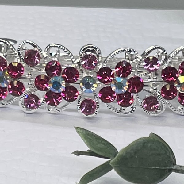Pink silver Crystal rhinestone vintage Style Victorian barrette clip approximately 3.0” wedding birthday prom shower gift