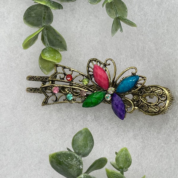 Multi color antique vintage crystal rhinestone butterfly alligator clip  approximately 3.0” antique tone  formal hair accessory wedding #03