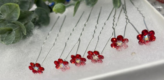 Red Rhinestone Flower Hair Pins - Silver Tone, Bridal Hair  display picture 1
