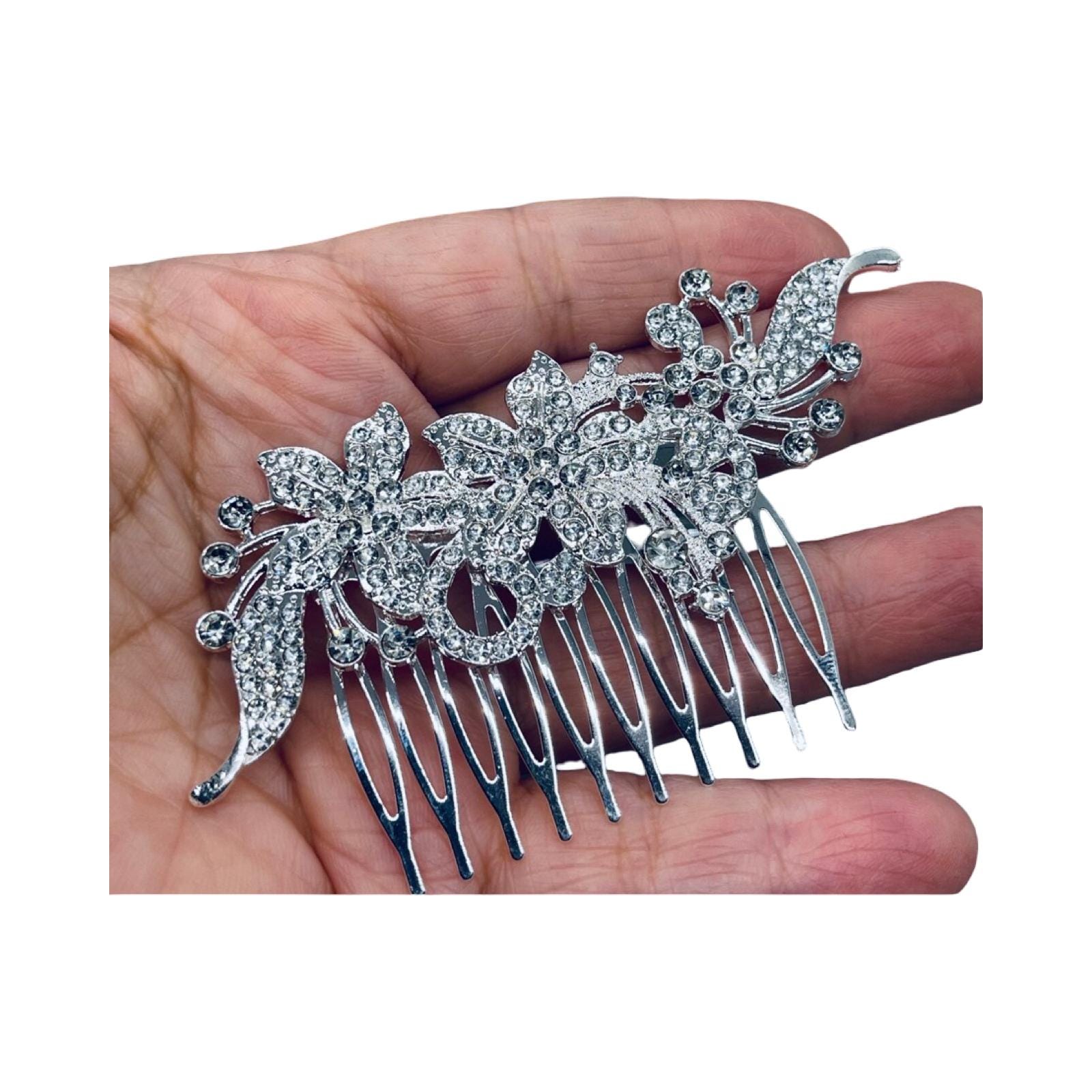 Floral Rhinestone Bridal Comb: Silver Wedding Hair Accessory 