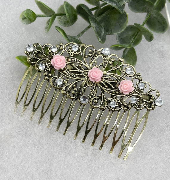 Vintage Style Pink Flower Crystal Hair Comb: Antique Tone  display picture 2