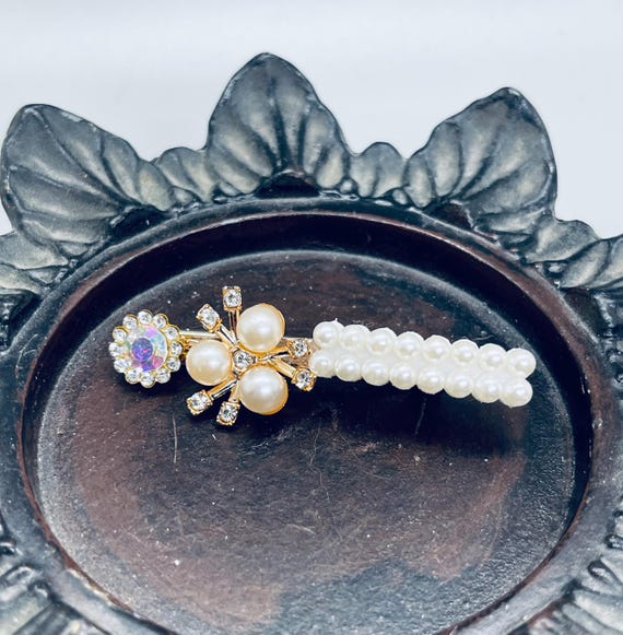 Crystal Barrette Clip with Simulated Pearl for Wedding Pearl Hair Barrette, Swarovski Crystal Hair Barrette, Bridal  main image 4