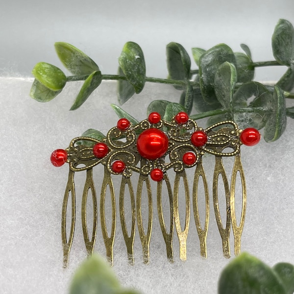 Red pearl side comb Vintage Style  2.5”antique tone Metal side Comb bridal wedding shower birthday prom princess gift accessories