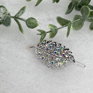 Hoja de cristal 3.0&quot;Metal cristal pedrería tono plateado barrette formal accesorio para el cabello regalo boda despedida de soltera regalo de cumpleaños