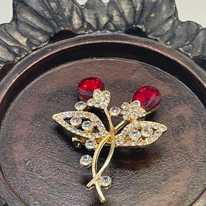 Luxe’s Crystal Red Roses Brooch Rhinestone gold tone rhinestone gift scarf accessory please see measurements In pictures  Mother’s Day gift