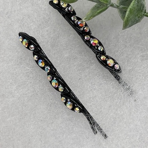 Iridescent crystal rhinestone approximately 2.5” black hair pins 2 pc set wedding bridal shower engagement formal princess accessory