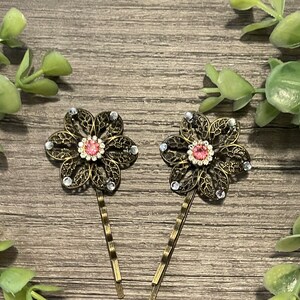 2 Pc Hot pink  Rhinestone Crystal Bobby pin Antique Bronze Metal Hair Clip with filigree Flower Hair pin hand Embellished gift