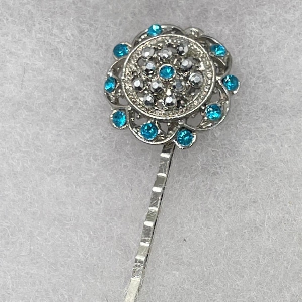 Teal blue flower crystal antique vintage style hair pin silver tone approximately 2.5”long  gifts wedding Retro vintage Party Prom Birthday