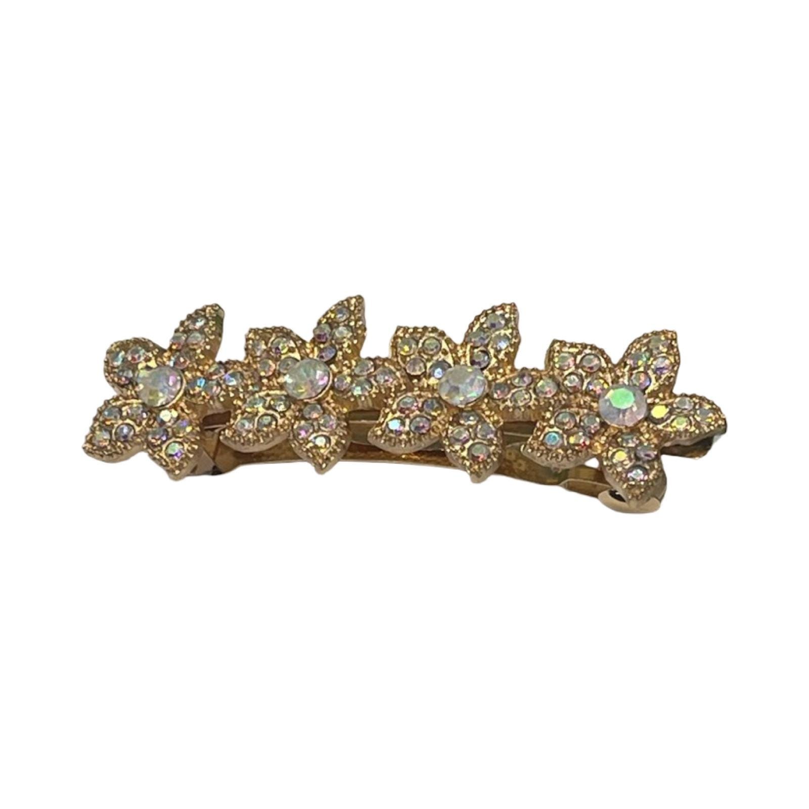 Iridescent Rhinestone Flower Barrette: Gold Tone Crystal  display picture 1