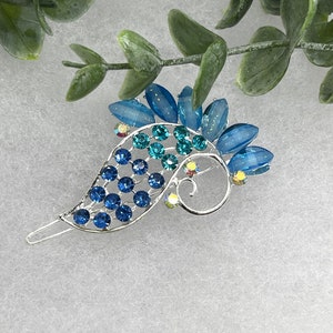 Blue multi peacock 3.0”Metal crystal rhinestone silver tone hair barrette formal hair accessory gift wedding bridal shower birthday gift
