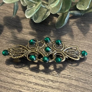 Emerald green crystal barrette Vintage Style  2.5”antique tone Metal bridal wedding shower birthday princess prom St Patrick day