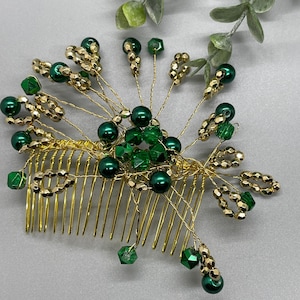 Emerald green gold beaded hair comb vines 3.5” Metal gold tone comb the hair vine is approximately 5.0” wide hair accessory free shipping