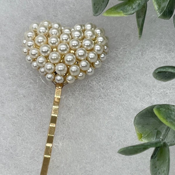 Pearl heart antique vintage style hair pin gold tone approximately 2.5”long  gifts wedding Retro vintage Party Prom Birthday