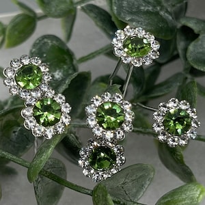 6 pc set green flower Crystal rhinestone hair pin approximately .50”wide silver  formal hair accessories gift wedding bridesmaid princess