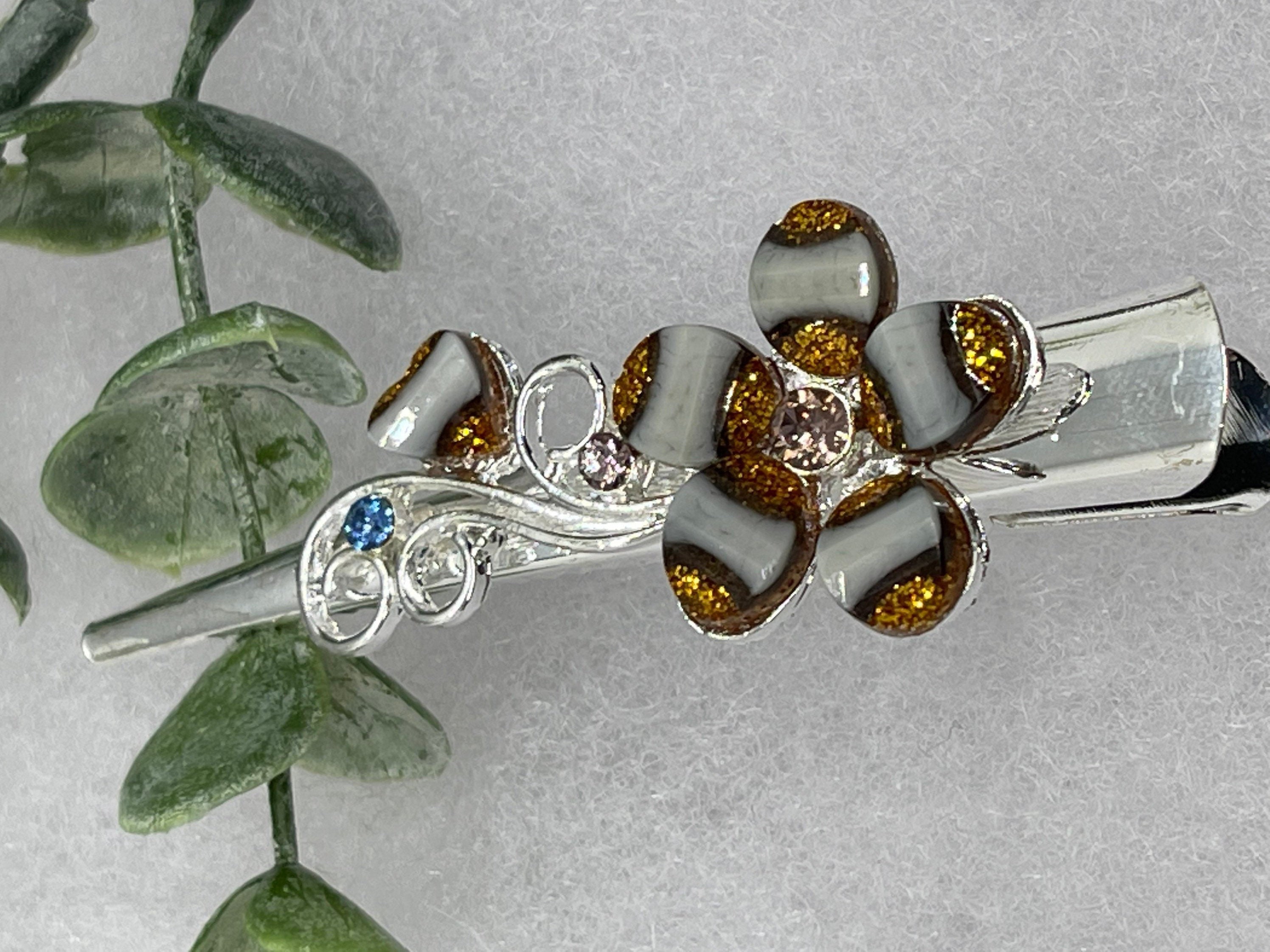 Silver Tone Enamel & Crystal Floral Barrette Duo Purple Floral Crystal Hair Barrette: Vintage Style Formal  main image 4