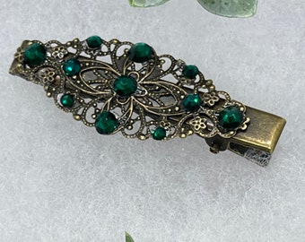 Emerald Crystal Leaf Hair Clip: Vintage Antique Style Alligator Clipformal bridal birthday prom accessories