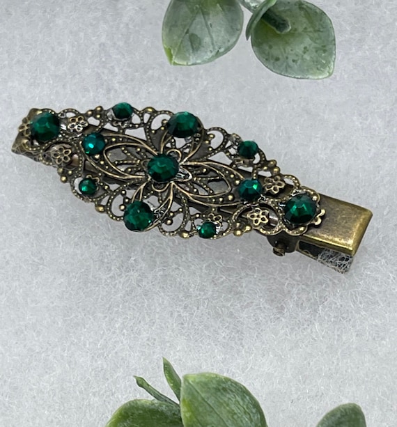 Emerald Crystal Leaf Hair Clip: Vintage Antique Style  display picture 1