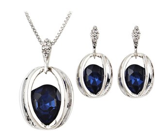 Blue Crystal Jewelry Set: Bridal Necklace, Stud Earrings, Gift Boxformal bridal birthday prom accessories