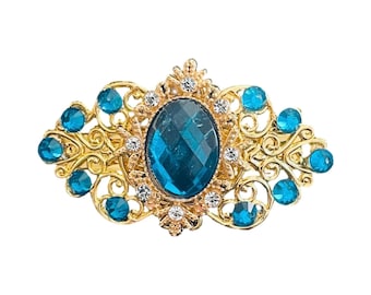 Teal Crystal Gold Tone Barrette: Handmade Bridal Hair Clipformal bridal birthday prom accessories