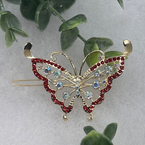Ruby Red butterfly Rhinestone hair clip approximately 3.0 ”gold tone  formal hair accessories gift wedding bridesmaid princess accessories
