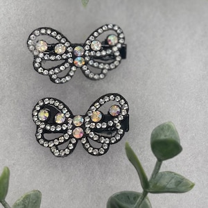 2 pc black butterfly Clear iridescent Rhinestone alligator clips Foam approximately 1.5” black tone hair accessories wedding bridesmaid