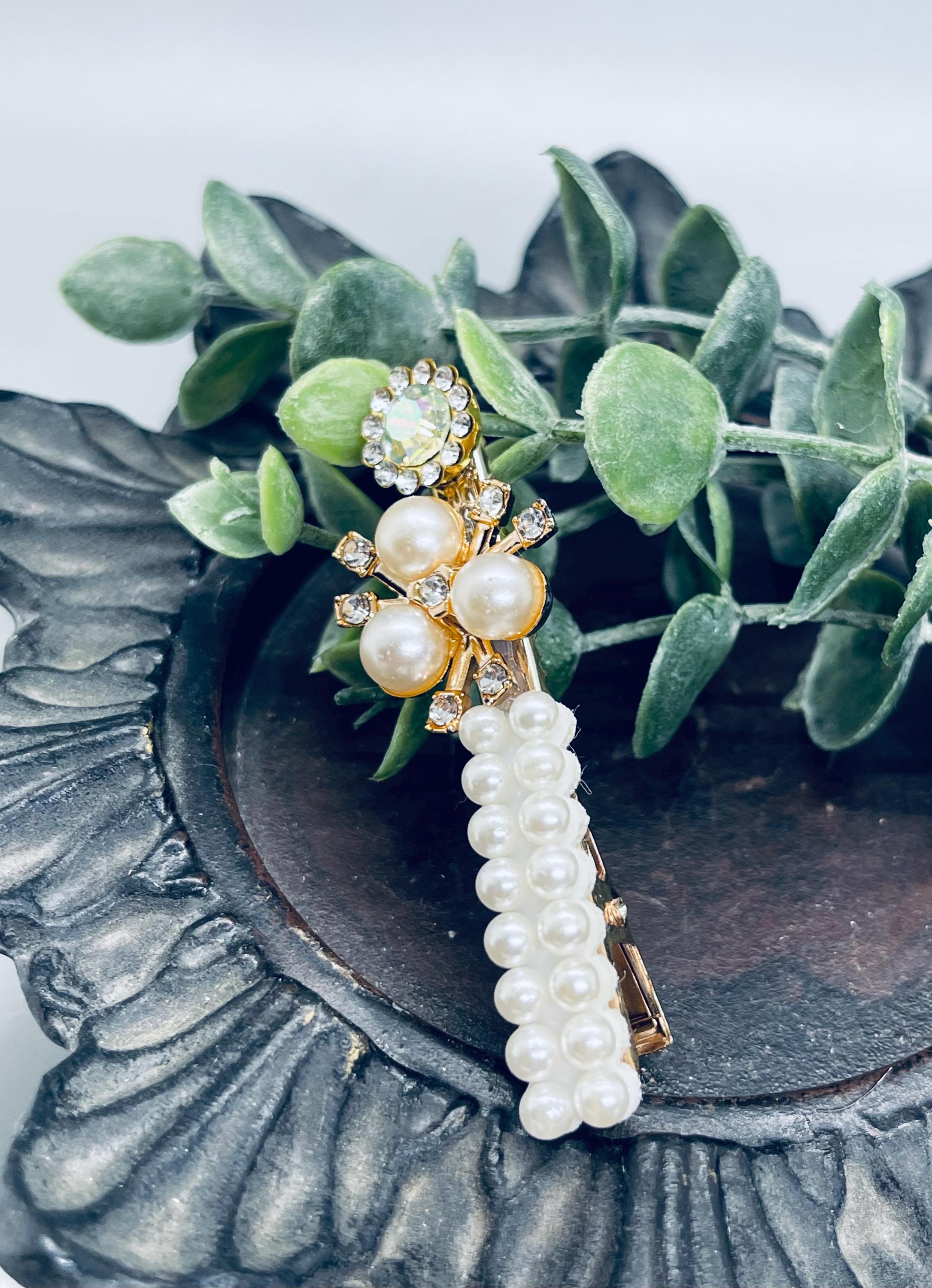 Faux Pearl Crystal Alligator Hair Clip: Iridescent Wedding