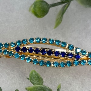 Teal Rhinestone Barrette: Gold Tone Formal Hair Accessory