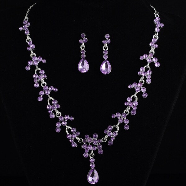 Purple rhinestone crystal Jewelry Set earring necklace silver tone approx 18”L formal wedding bridal prom holiday sweet 16 jewelry sets gift