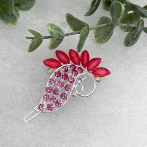 Pink peacock 3.0”Metal crystal rhinestone silver tone hair barrette formal hair accessory gift wedding bridal shower prom birthday gift