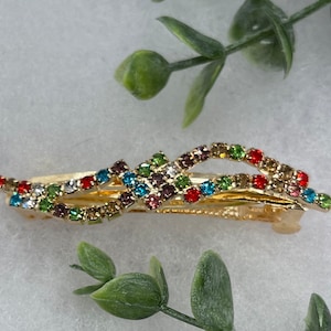 Rainbow Rhinestone Barrette: Gold Tone Crystal Hair Accessory