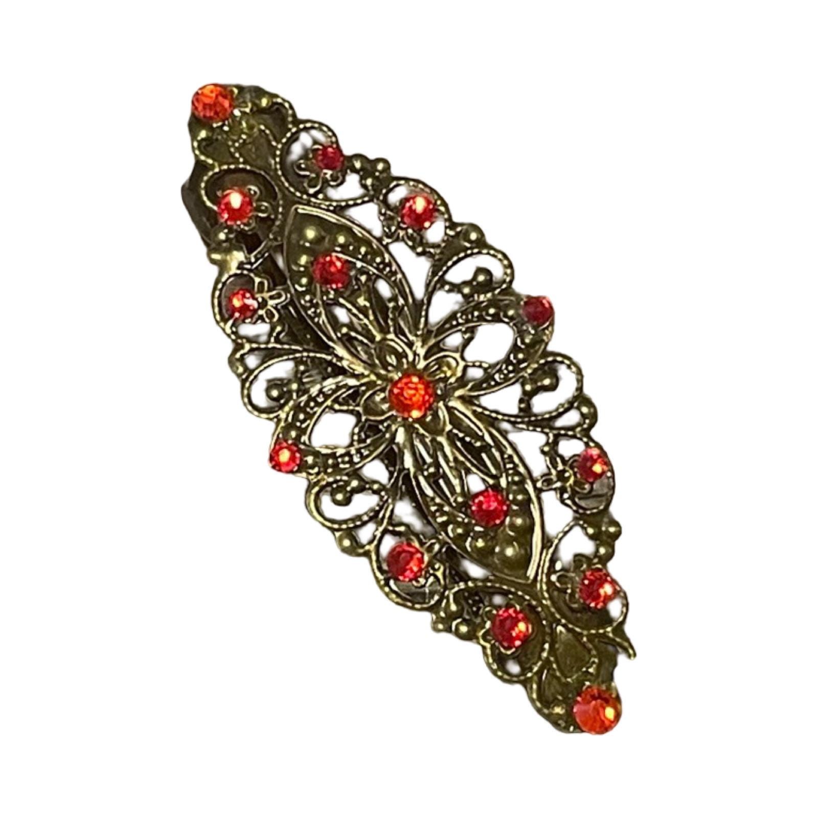 Vintage jeweled hair barrette with red crystals, made in France ?? Vintage 1950s Red Gold Jewelled Hair Barrette - vintage hair  main image 3
