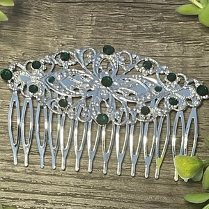 Emerald crystal rhinestone Comb on 3.5” silver Metal Hair Comb  accessory Handmade Retro Bridal Party Prom birthday wedding bridal gift