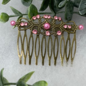 Pink Pearl Crystal vintage style antique  hair accessories gift birthday event formal bridesmaid  2.5” Metal side Comb #107