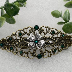 Emerald clover green crystal barrette Vintage Style  3.5”antique tone Metal bridal wedding shower birthday princess prom gift accessories
