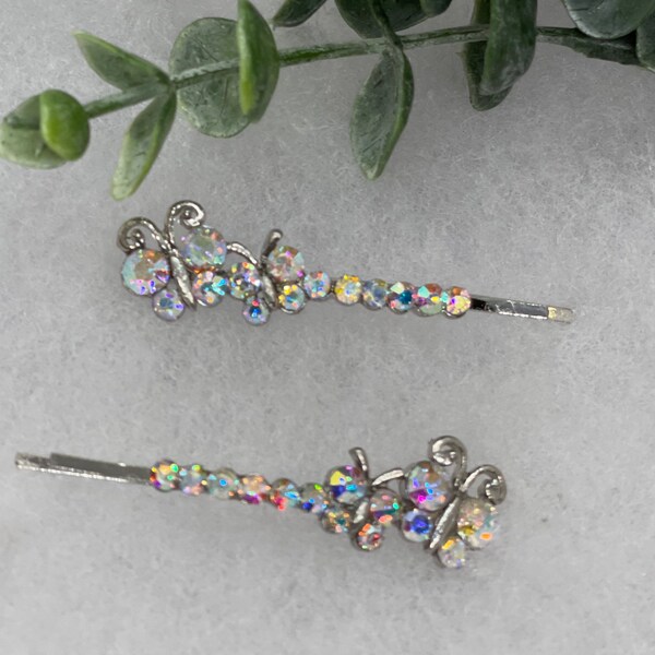 2 pc butterfly iridescent Crystal Rhinestone Bobby pin hair pin approximately 3.0”Metal silver tone  formal hair accessories gift wedding